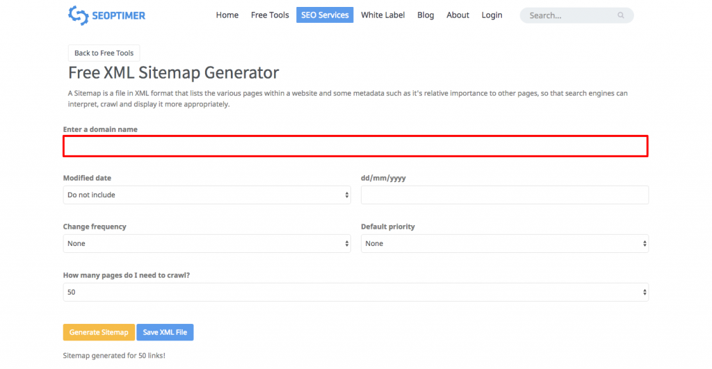 seoptimer sitemap generator how to enter url